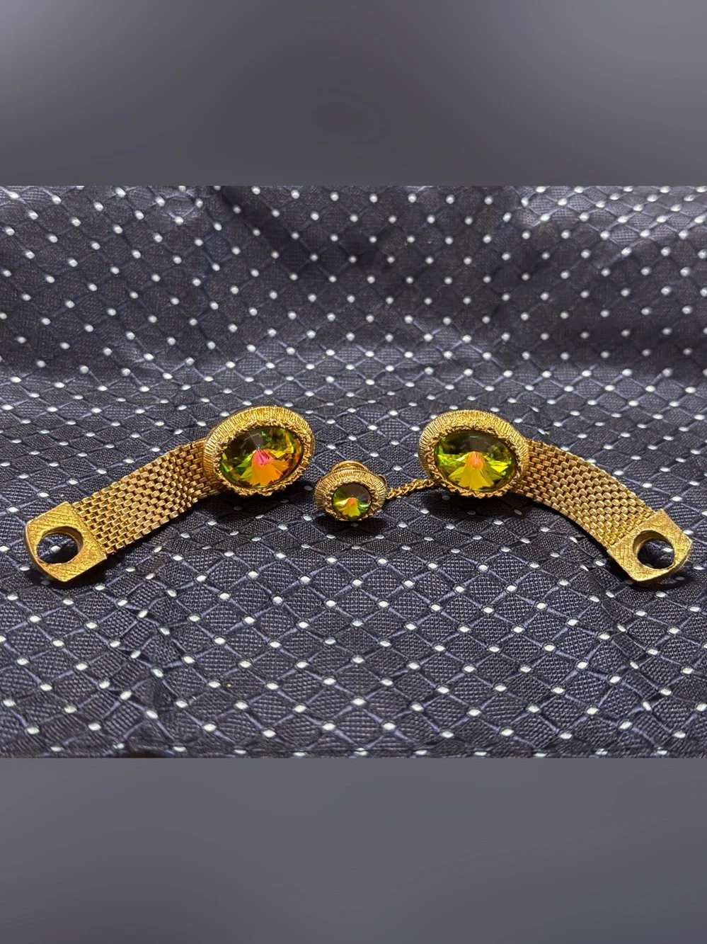 Gold-Tone Cuff Links with Olive-Green Crystal Centers